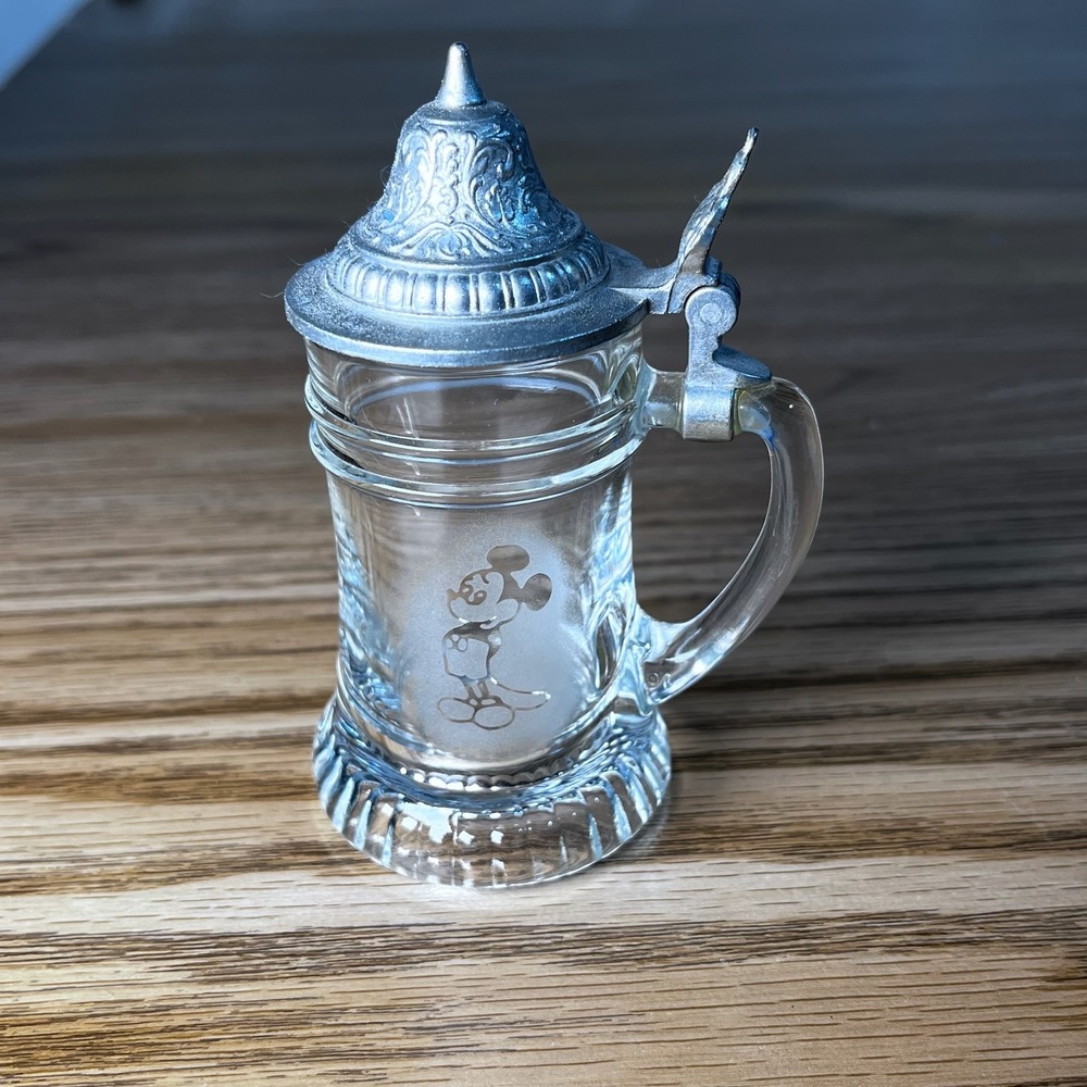 VTG BMF Mickey Mouse Miniature Beer Stein‎ Glass West Germany Pewter Lid 4in